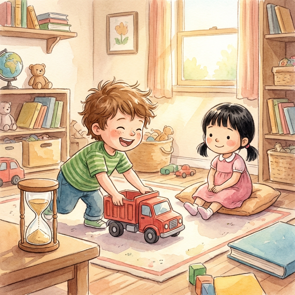 Watercolour storybook page — learning to share